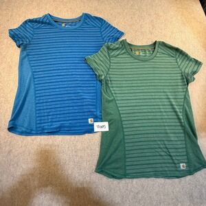 Carhartt Force Womens Striped Performance T-Shirt 2 Pack Blue Green Small S 4-6